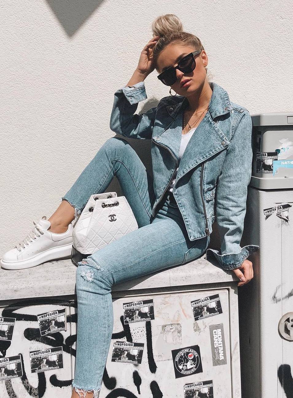 trendy white and denim outfit / jacket + top + jeans + bag + sneakers