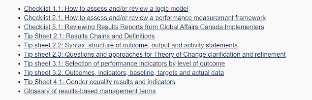 Links to 10 GAC RBM tip sheets and checklists  about logic models,  gender indicators, RBM syntax, constructing a theory of change etc.