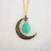 Vintage Boho Half Moon Pendant, Faceted Teardrop, Simple Cable Chain, Moon pendant 1.65", LONG 25" Necklace