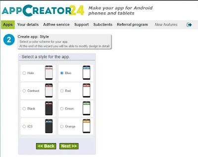 اختيار مظهر التطبيق في موقع AppCreator24 بث مباشر