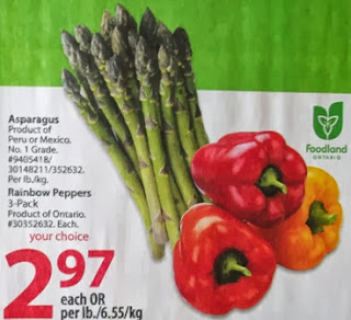 Asparagus $2.97 per lb / Ontario Rainbow peppers 3-pack $2.97