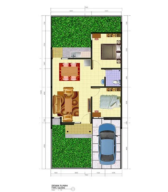 Denah rumah minimalis ukuran 7x15 meter 1 lantai