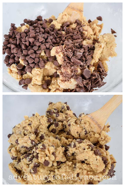 collage showing adding the chocolate to cookie dough