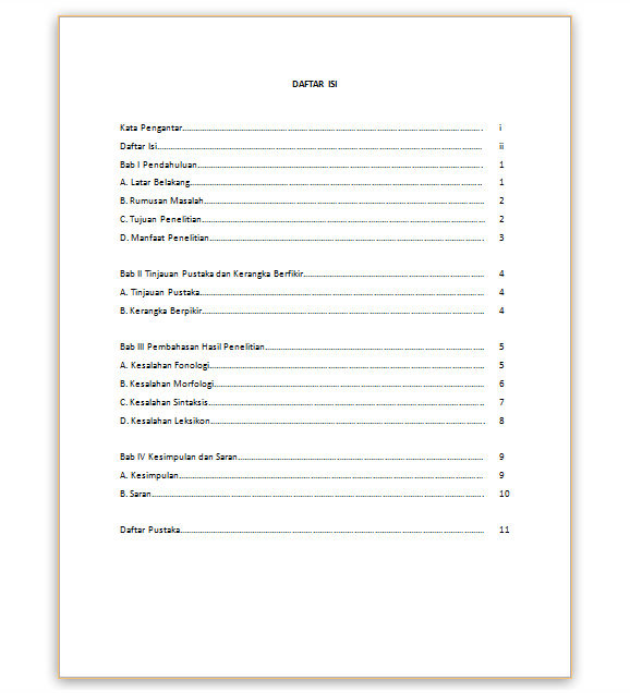 Contoh Daftar Isi Makalah dengan Format Tabel Microsoft 