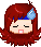 Chibi-style pixel art of my LycoRogue persona's head. She has a blue sweatband across her forehead. Her long, red hair fans out around her head. Her hair is parted over her left eye and her bangs sweep over her right eye. Her eyes are closed and she has a large, open-mouth, sighing frown. There is a large sweat drop over her left temple.