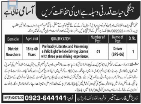 Latest Forest & Wildlife Department Driving Posts Nowshera 2022