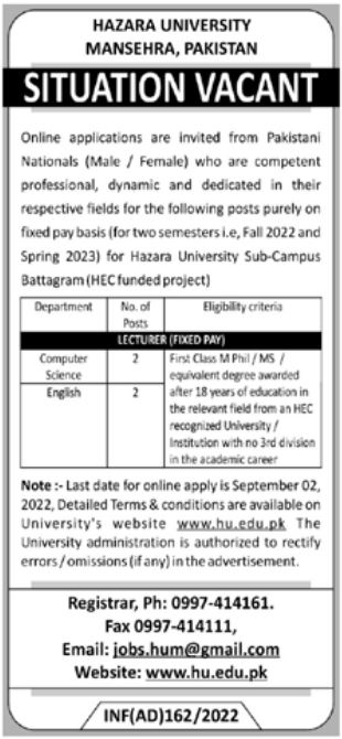 Latest Hazara University Teaching Posts Mansehra 2022