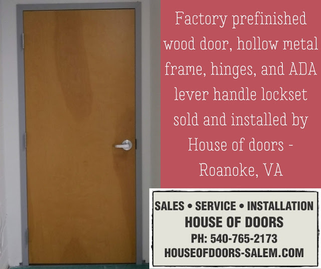 Factory prefinished wood door, hollow metal frame, hinges, and ADA lever handle lockset sold and installed by House of doors - Roanoke, VA