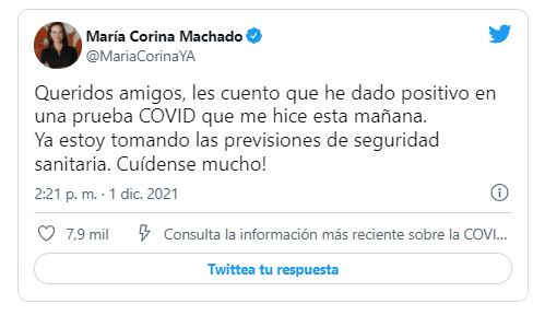 ALERTA | María Corina Machado dio positivo y está bajo cuidados médicos