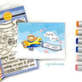 Sunny Studio Stamps: Plane Awesome Critter in Airplane Card with Copic No Line Coloring Video Tutorial by Mindy Baxter
