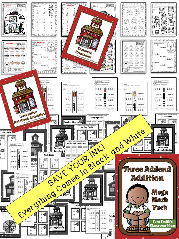 Fern Smith's Classroom Ideas Three Addend Addition Mega Math Pack - Printables and Center Games AND a Freebie!