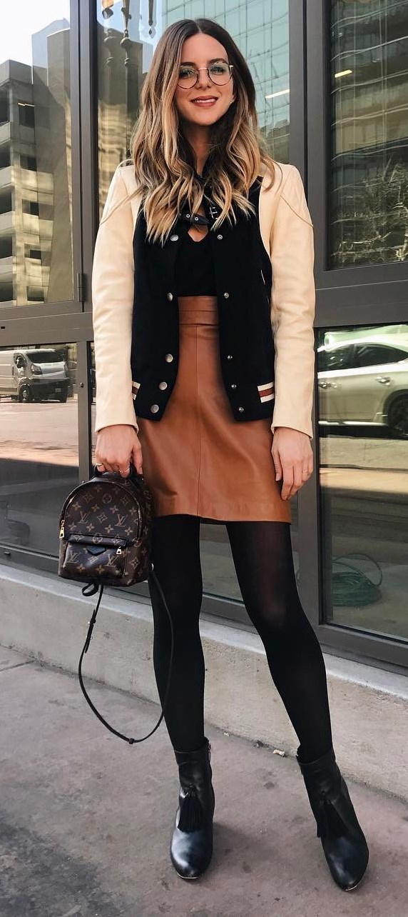 casual outfit inspiration: bomber + top + leather skirt + bag + boots