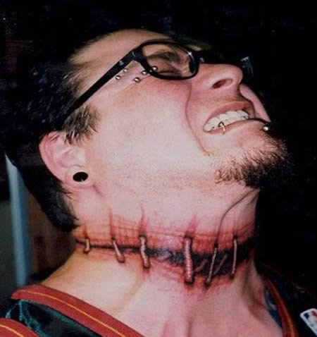 Men Stitches Neck Tattoo