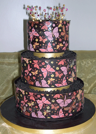 A different take on the pink butterfly wedding cake with a black background