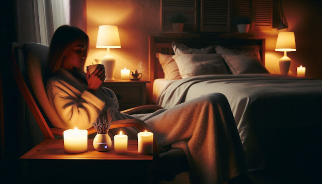A mother unwinds with tea and a book, embracing a calming nighttime ritual.