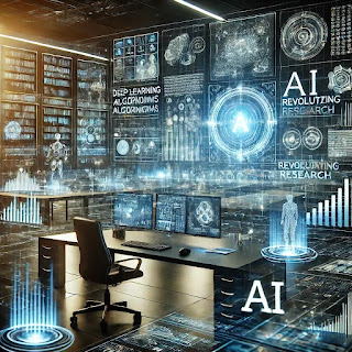 A futuristic research lab with multiple screens displaying AI and deep learning data, enhanced by holographic visuals and a sleek office setup.