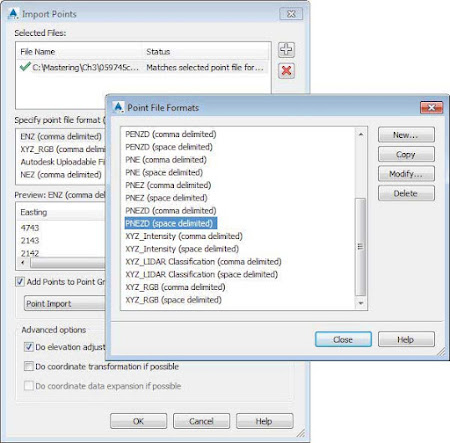 The Import Points and Point File Formats dialogs