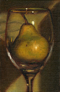 Oil painting with a green background of a pear in a large wine glass.