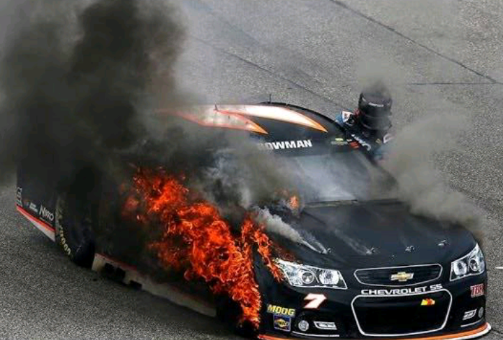 Bowman's automobile catches fire, protection crewman crashes & burns