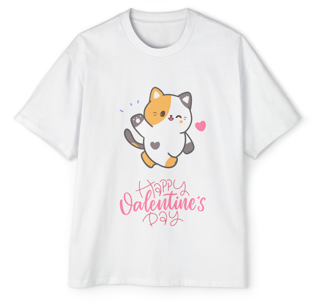 Men's Heavy Oversized T-Shirt With Pink White Yellow Colorful Illustrated Cute Cat Valentine's Day