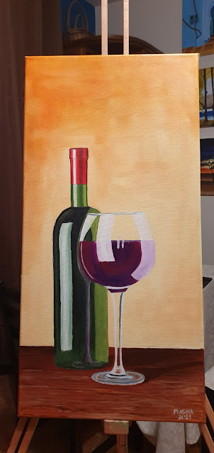 Peinture sur toile Masha Une bouteille et un verre de vin