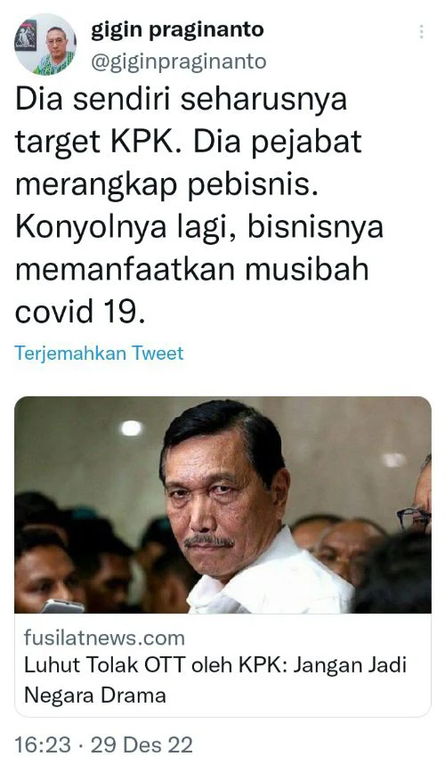 Sebut Luhut Seharusnya Menjadi Target KPK, Pengamat Ungkap Alasannya