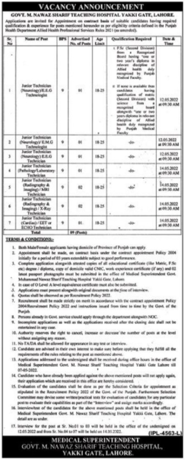 Latest Government Muhammad Nawaz Sharif Teaching Hospital Medical Posts Lahore 2022