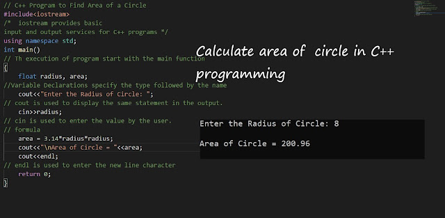 Calculate area of  circle in C++ programming, C++ Program to Find Area of a Circle:, computer science ,dev c++