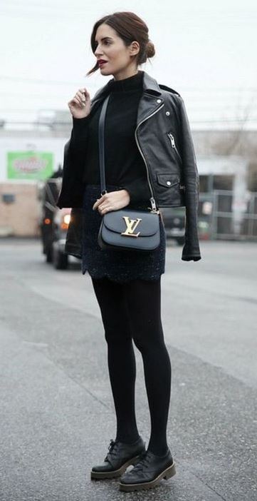 all black everything / bag + boots + skirt + moto jacket