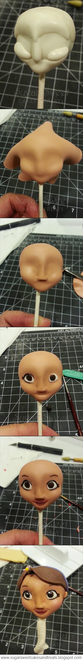 How to sculp facial features over a lollipop to use as an edible head on a character cake topper.