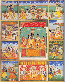 The preserver and protector, Vishnu holds first place in the hearts of many Hindus. This eighteenth-century painting from Jaipur shows him in the centre of his avatars - his incarnations on earth when his supreme power is put to the service of mankind. Nine have appeared but there is another still to come. Victoria and Albert Museum, London. 