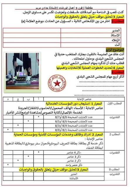 تقييم المكتسبات للسنة الخامسة ابتدائي التربية المدنية