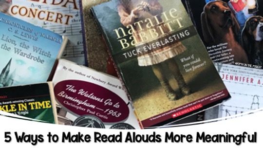 Pin Image Title "5 Ways to Make Read Alouds More Meaningful" along with a pile of books at a middle grades level