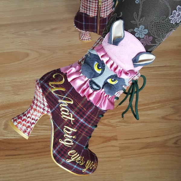 wolf ankle boots with what big eyes you have embroidered in gold thread