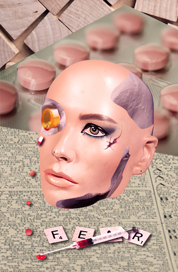 Image description: a mannequin head with a skeleton showing through it, through its right eyehole there's a bottle of pills, spilling them near a syringe and scrabble pieces writing FEAR. End description