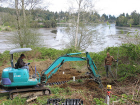 Back hoe digging a hole for a new septic system drain field at the waters edge.