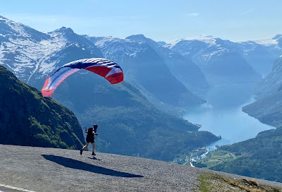 paragliding at the top of Mt Hoven in Olden, Norway