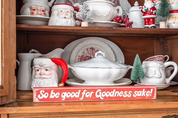 pine hutch with white ironstone and Santa mugs