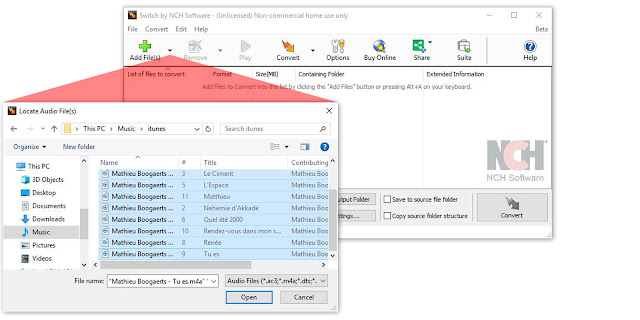 An image demonstrating how to import M4A files into Switch to convert to MP