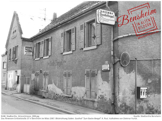 BIAB_Stadtarchiv_Grieselstrasse_008.jpg; Quelle: Stadtarchiv Bensheim; Das Anwesen Grieselstraße 37 in Bensheim im März 1987. Blickrichtung Süden. Gasthof "Zum Backe-Bergel" A. Paul. Aufnahme: Dietmar Funck; digitalisiert und zusammengestellt: Frank-Egon-Stoll-Berberich 2017.