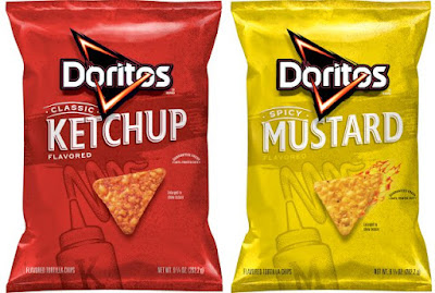 Bags of Doritos Ketchup and Doritos Spicy Mustard chips.
