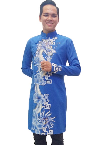 Áo dài xanh dương vẽ rồng