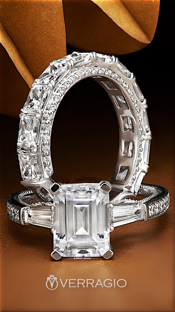 ♦Verragio three-stone engagement ring and the diamond eternity band set with radiant cut diamonds #verragio #jewelry #bridal #wedding #rings #brilliantluxury