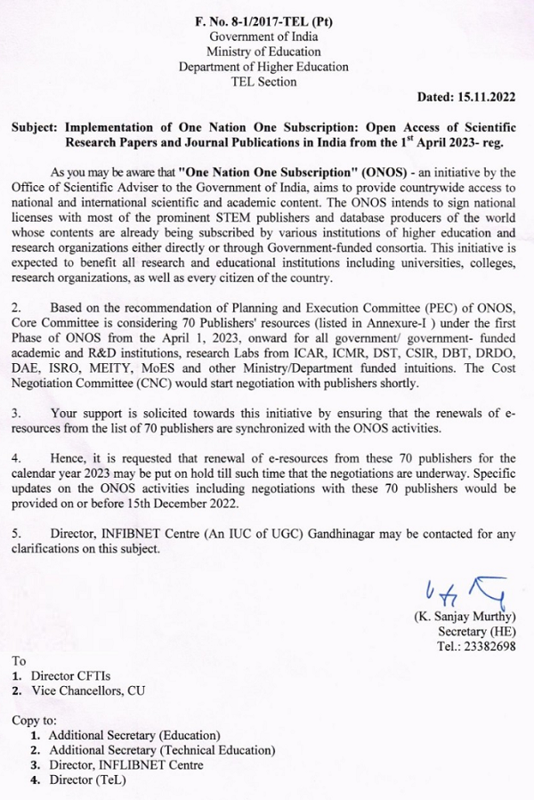 India will Adopt One Nation One Subscription Policy for Scientific Journals from April 2023 to Provide Access to All Researchers