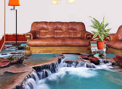 3D living room flooring tiles designs with waterfall mountains and greenery 