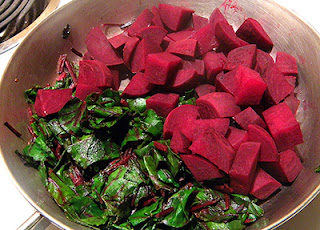 Beets and Greens in Saute Pan