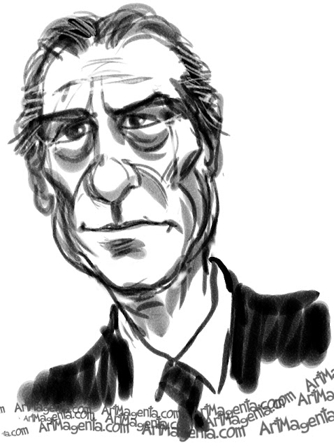 Tommy Lee Jones caricature cartoon. Portrait drawing by caricaturist Artmagenta.