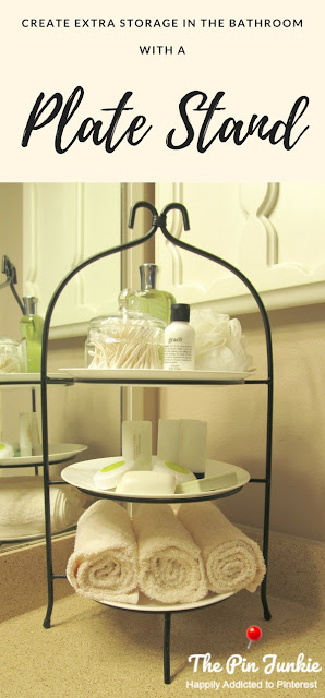 Create extra storage on a bathroom vanity with a plate stand.  Great for small bathrooms - its both pretty and functional!