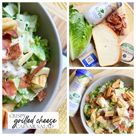 Collage of grilled cheese Caesar salad photos