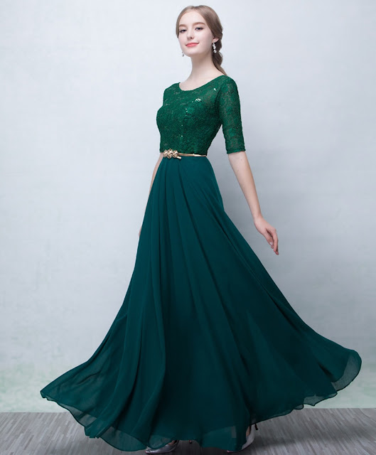 Exquisite Elegant Green Lace Half Sleeve Chiffon Maxi Bridesmaid Dress